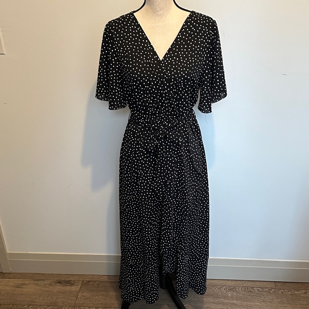 HYFVE Black and White Polka Dot Midi Dress Faux Wrap Medium